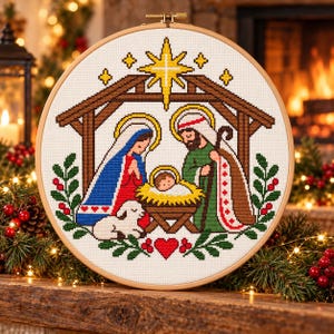 Puede incluir: Un bastidor de bordado circular de madera que contiene un patrón de punto de cruz de una escena de natividad. El diseño presenta un pesebre central con un bebé, flanqueado por dos figuras con túnicas azules, rojas, verdes y marrones.