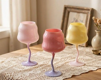 Colorful Wavy Stem Wine Glass, Pastel Crystal Cocktail Goblet, Twisted Stem Glassware, Modern Art Glass