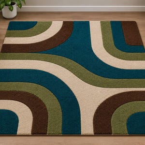 Modern Abstract Tufted Area Rug, Teal Blue Beige Olive Green Brown (Rectangular)