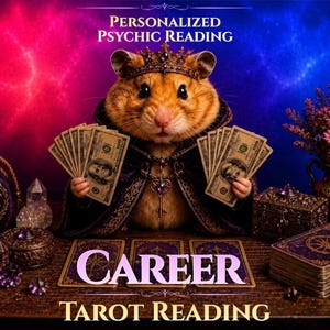 May include: A hamster wearing a crown and dark cloak holds fans of one hundred dollar bills. The text reads Personalized Psychic Reading, Career, and Tarot Reading. A purple tarot bag, crystals, a vase of flowers, and tarot cards are present.