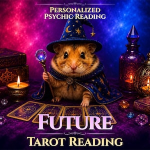 May include: A hamster wearing a blue wizard hat and cape with gold stars and moons, holding a glowing crystal staff. The scene includes tarot cards, candles, books, and crystals on a purple surface with the text Personalized Psychic Reading Future Tarot Reading.
