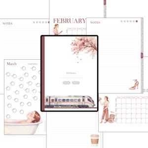 May include: A digital planner set featuring a cover with a train illustration, cherry blossoms, and the text 2026 2027. The pages include a March mood tracker with circles, a February calendar, lined notes pages, and illustrations of a person in a bathtub.