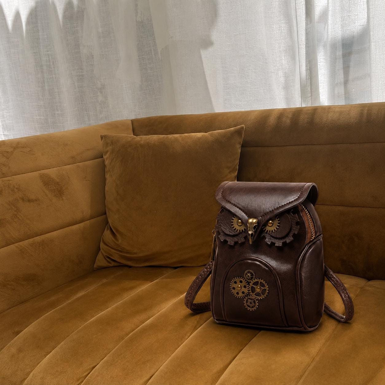 Steampunk Owl Crossbody Bag, Brown Gothic Shoulder Purse, Vintage Gear Owl Handbag, Adjustable Strap