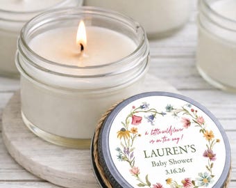 Personalized Wildflower Baby Shower Candles – "Baby in Bloom" Jar Favors, Set of 6