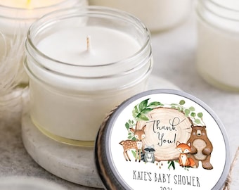 Woodland Baby Shower Favors: Set of 6 Personalized Forest Animal Soy Candles, Boy Woodland Theme Decor