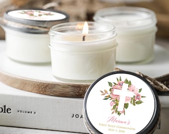 Set of 6 Baptism Candle Favors | Girl’s First Communion Gifts | Confirmation Favors | Pink Floral Cross Soy Candles | Religious Party Decor