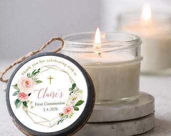Personalized First Communion Soy Candle Favors: Set of 6, Pink Floral Design