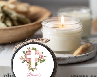 Set of 6 Baptism Candle Favors | Girl’s First Communion Gifts | Confirmation Favors | Pink Floral Cross Soy Candles | Religious Party Decor