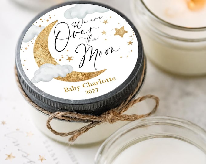 Featured listing image: Over The Moon Baby Shower Favors, Personalized Soy Candle Favors, Set of 6