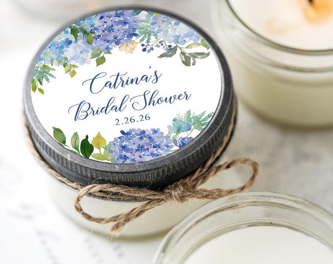 Featured listing image: Personalized Hydrangea Candle Favors, Blue Floral Bridal Shower, Set of 6