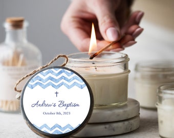 Set of 12 Soy Candle Favors, Personalized Baptism Favor for Boy, First Communion Favor, Blue Chevron Watercolor Design