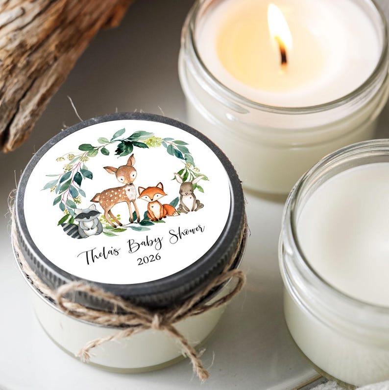 Woodland Baby Shower Candle Favors: Forest Animals Party, Set of 6 Soy Candles image 2