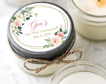 Set of 12  Personalized Pink Floral Communion Candle Favors, Confirmation, Girl Baptism, First Communion, First Holy Communion, Gold frame