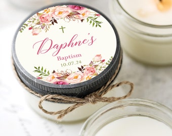 Set of 12 Baptism Candle Favors, Pink Flower Baptism, Confirmation, First Communion Favors