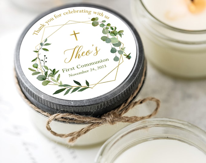 Featured listing image: Gold Eucalyptus Baptism: 6pc Personalized Candle Gifts, First Communion Party Favors