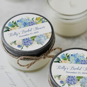 Blue Hydrangea Bridal Shower Candle Favors: Personalized Soy Candles, Set of 6
