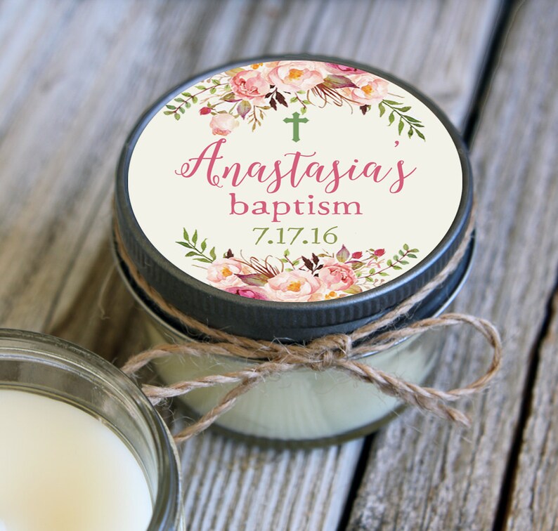 Set of 12 Baptism Candle FavorPink Flower Baptism or Communion in 4oz jar