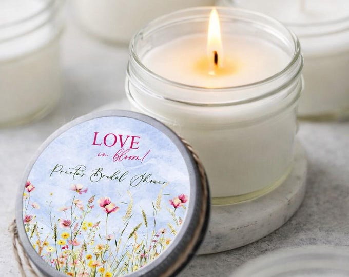 Featured listing image: Love in Bloom Bridal Shower Favors: 6 Personalized Soy Candles, Wild Flower Party Gifts, 4oz jar