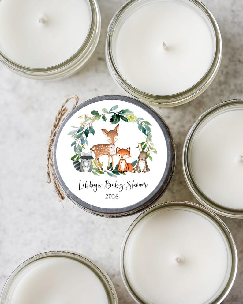 Example of custom label for woodland baby shower candle favor with name and date personalization
