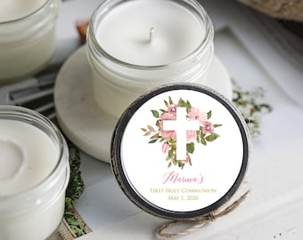 Set of 6 Pink Floral Cross Soy Candles | Baptism, Communion, Confirmation Favors