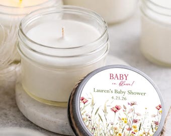 Wildflower Baby Shower Candle Favors: Baby in Bloom Personalized Soy Jar Candles, Set of 6
