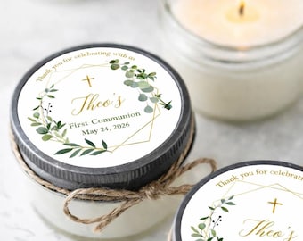 Gold Eucalyptus Communion Favors: 6 Personalized Candle Gifts, Baptism Party Favors