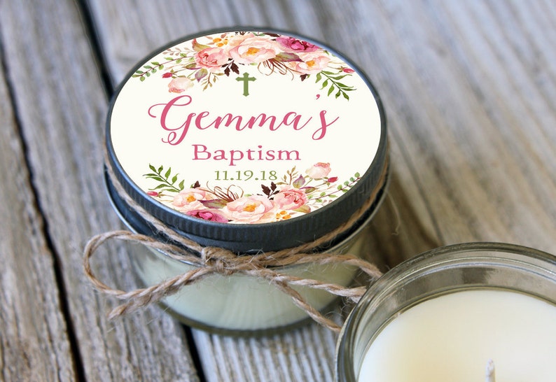 Set of 12 Baptism Candle FavorPink Flower Baptism or Communion in 4oz jar