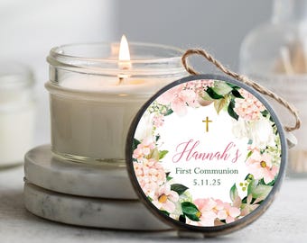 Set of 12 Pink Floral First Communion Candle Favor, Girl Baptism Favor, First Holy Communion, Religious Favors, Minimalist
