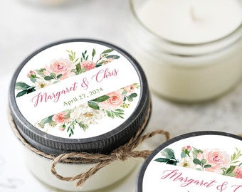 12 Personalized Soy Candles, Bridal Shower Favors, Wedding Gifts, Pink Floral, Greenery Design