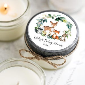 Woodland Baby Shower Candle Favors Set of 6 | Forest Animal Party Gifts | Rustic Soy Candles | Personalized Keepsake Decorations