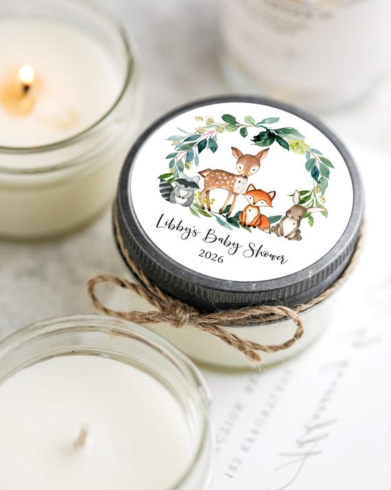 Woodland Baby Shower Candle Favors: Forest Animals Party, Set of 6 Soy Candles
