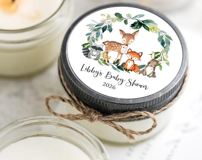 Featured listing image: Woodland Baby Shower Candle Favors: Forest Animals Party, Set of 6 Soy Candles