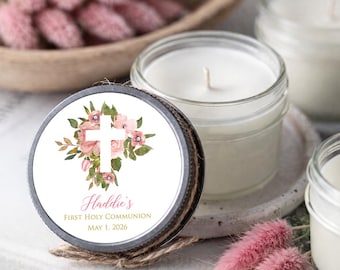 Set of 6 Pink Floral Cross Soy Candles | Baptism, Communion, Confirmation Favors