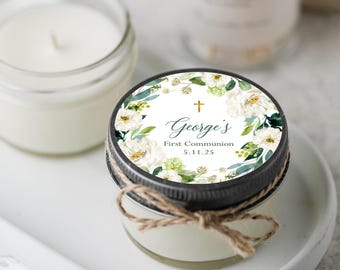 Set of 12 - 4oz Soy Candle First Communion Favors, Green & White Floral Gift, Baptism Gift