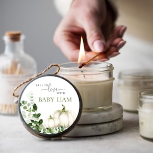 Set of 6 Fall In Love Baby Shower Candle Favors, Autumn Baby Shower, White Pumpkin Baby Shower Favors