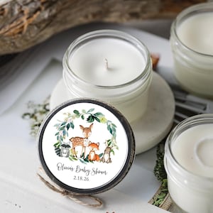 Woodland baby shower candle favors set of six personalized soy candles with forest animal label, free U.S. shipping