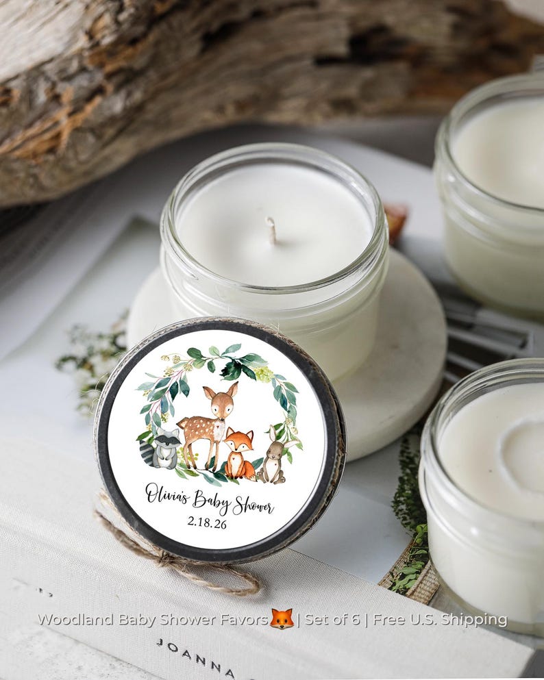 Woodland baby shower candle favors set of six personalized soy candles with forest animal label, free U.S. shipping