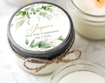 Personalized First Communion Candle Favors: Set of 6 Eucalyptus Greenery Communion Party Favors, Catholic Baptism Favor, Religious Candle