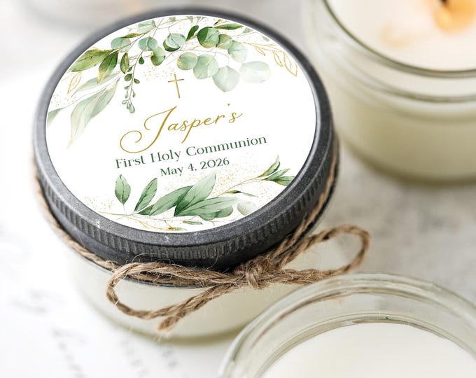Featured listing image: Personalized Eucalyptus Greenery Baptism Candle Favors: Set of 6 Communion Party Keepsakes