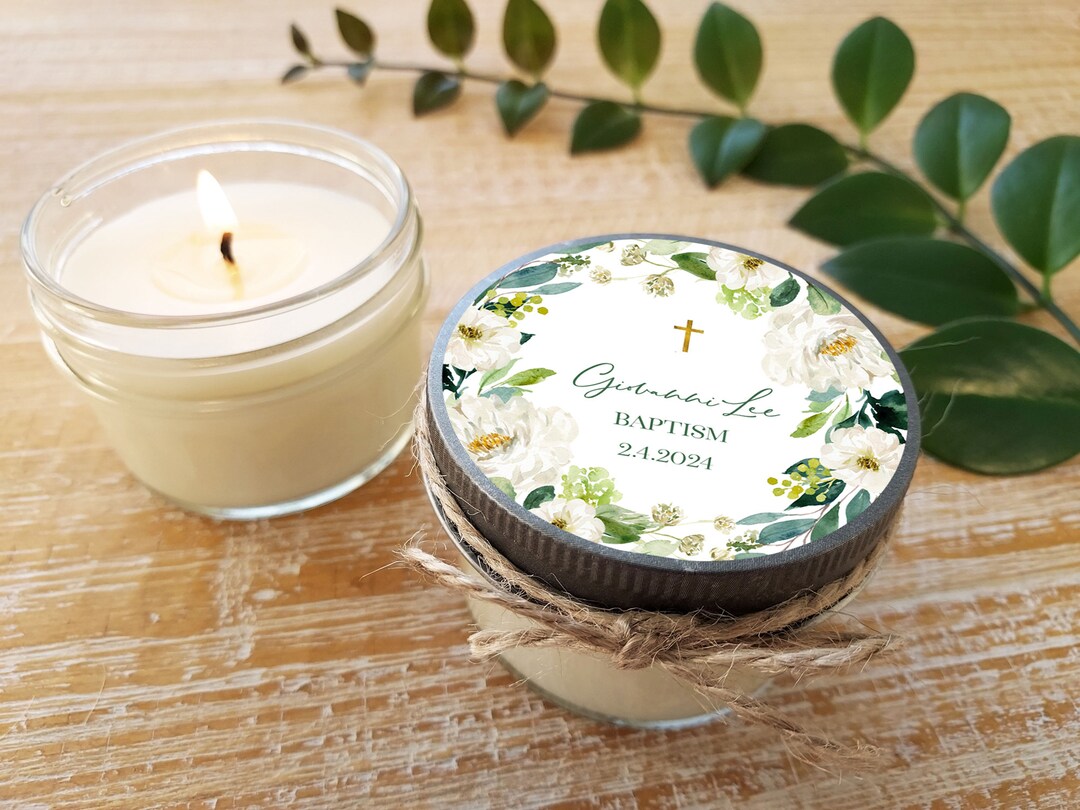 Set of 12 4oz Soy Candles//greenery & White Floral Baptism Favors - Etsy