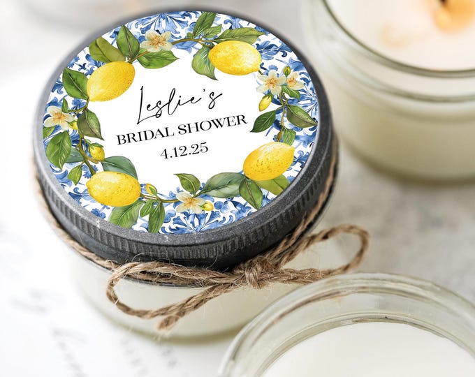 Featured listing image: 12 pcs Italian Lemon Blue Tiles Bridal Shower Candle Favors, Mediterranean Bridal Shower Favors, Amalfi Wedding Gifts, Bridal Shower Favors