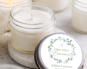 First Communion Candle Favors: Set of 6, Blue Floral Communion Favors, Personalized Catholic Party Favor, Boy Communion Gift, Church Favor