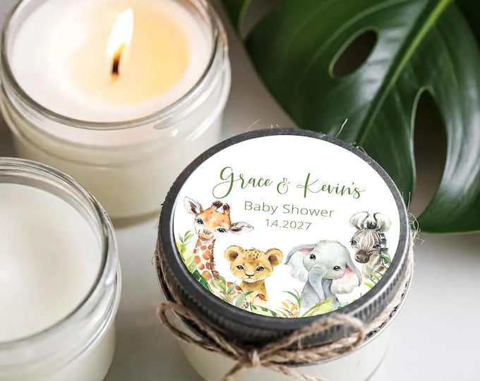 Featured listing image: Safari Baby Shower Favors, Set of 6 Personalized Candle Favors, Wild One Party Decor