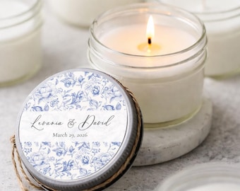 Dusty Blue Wedding Candle Favors – Set of 6 Personalized Bridal Shower Soy Candles, Something Blue Floral Wedding Favors