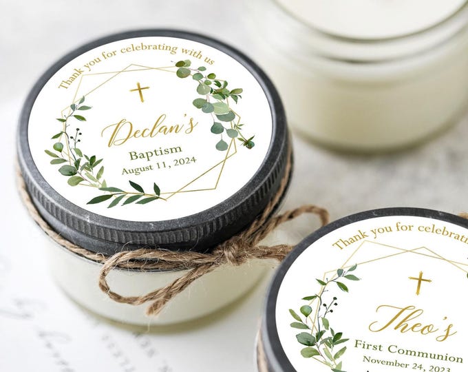 Featured listing image: 12pcs Personalized Baptism Favors, Soy Candle Favor, Gold & Eucalyptus, Baptism Gift, Communion Favors, Confirmation Gift, Free Shipping