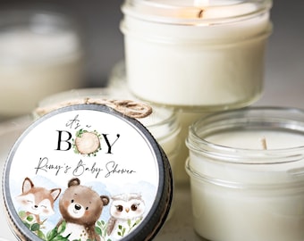 Woodland Baby Shower Soy Candles: Forest Animals, Personalized Favors (Set of 6)