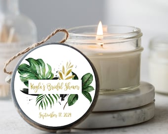 Set of 12 Personalized Soy Candle Favors, Tropical Green, Monstera Leaf Bridal Shower Favor, Bridal Shower Favor