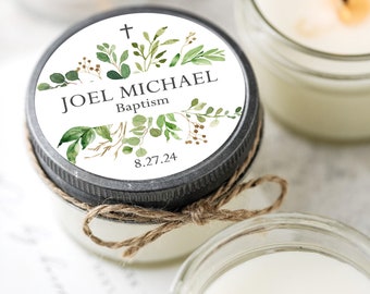 Greenery Baptism Soy Candle Favors, Set of 12, Christening Favors, Boy Baptism, Girl Baptism, Communion Favor, Baby Baptism Favor
