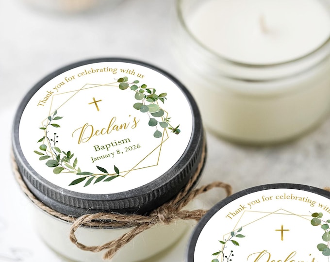 Featured listing image: Personalized Baptism Favors, Soy Candle Favor, Gold & Eucalyptus, Baptism Gift, Mi Bautizo, Confirmation Gift | Set of 6