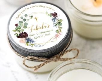Set of 12 Personalized Soy Candle Favors, Baptism Gifts, Floral and Eucalyptus Favor